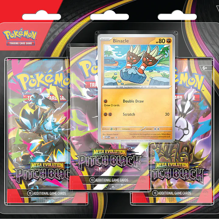 Pokemon-TCG-Mega-Evolution-Pitch-Black-3-Pack-Blister-PiedraBruja.png Mega Evolution Pitch Black 3-Pack Blister ESP - Imagen 1